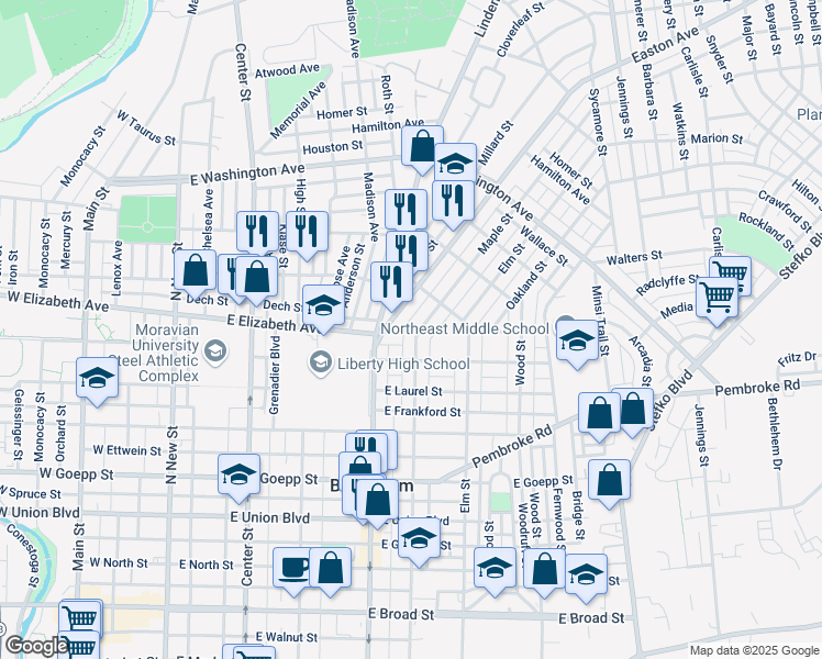 map of restaurants, bars, coffee shops, grocery stores, and more near 1225 Maple Street in Bethlehem