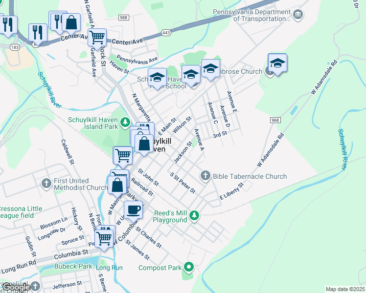 map of restaurants, bars, coffee shops, grocery stores, and more near 314 East Union Street in Schuylkill Haven