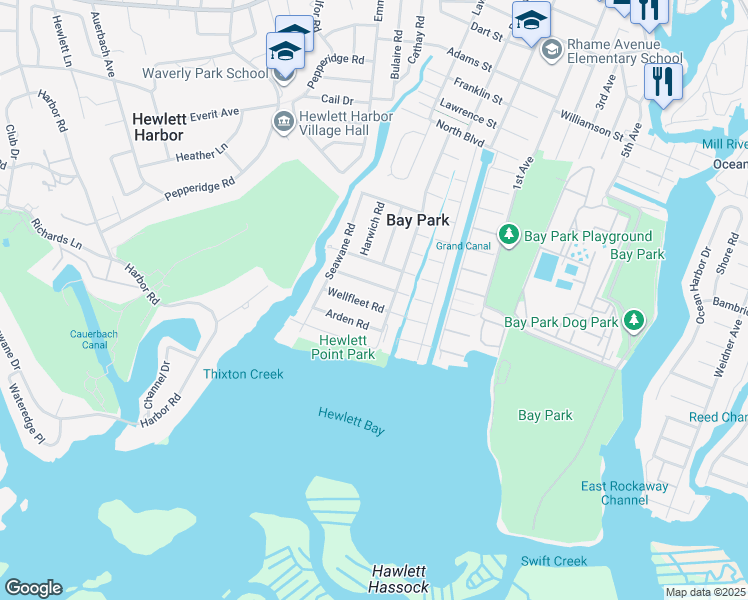 map of restaurants, bars, coffee shops, grocery stores, and more near 14 Wellfleet Road in East Rockaway