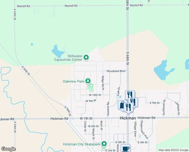 map of restaurants, bars, coffee shops, grocery stores, and more near 1210 Birchwood Drive in Hickman