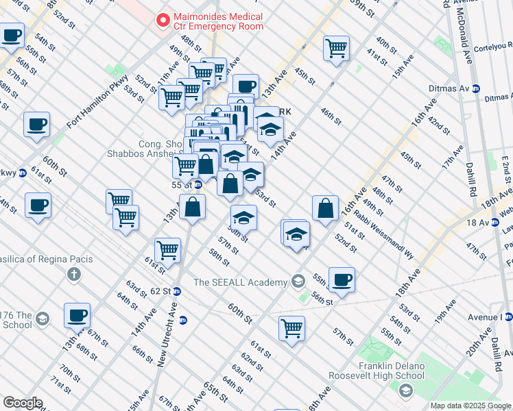 map of restaurants, bars, coffee shops, grocery stores, and more near 1429 54th Street in Brooklyn