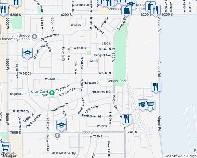 map of restaurants, bars, coffee shops, grocery stores, and more near 4976 Saguaro Drive in West Jordan