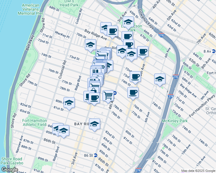 map of restaurants, bars, coffee shops, grocery stores, and more near 347 76th Street in Brooklyn