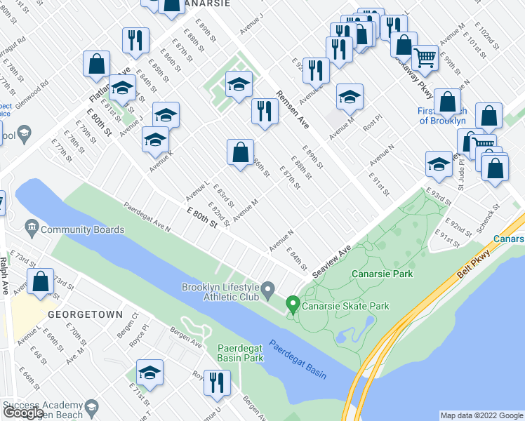map of restaurants, bars, coffee shops, grocery stores, and more near 1332 East 85th Street in Brooklyn