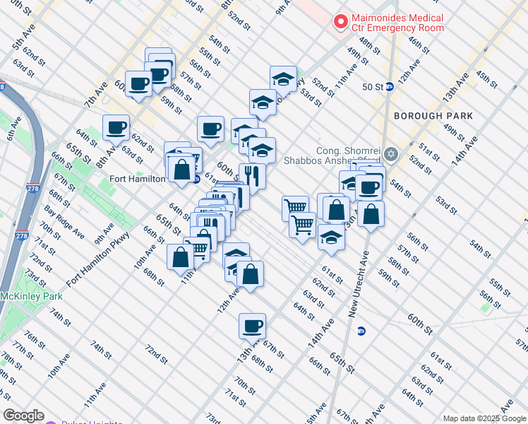 map of restaurants, bars, coffee shops, grocery stores, and more near 1135 61st Street in Brooklyn