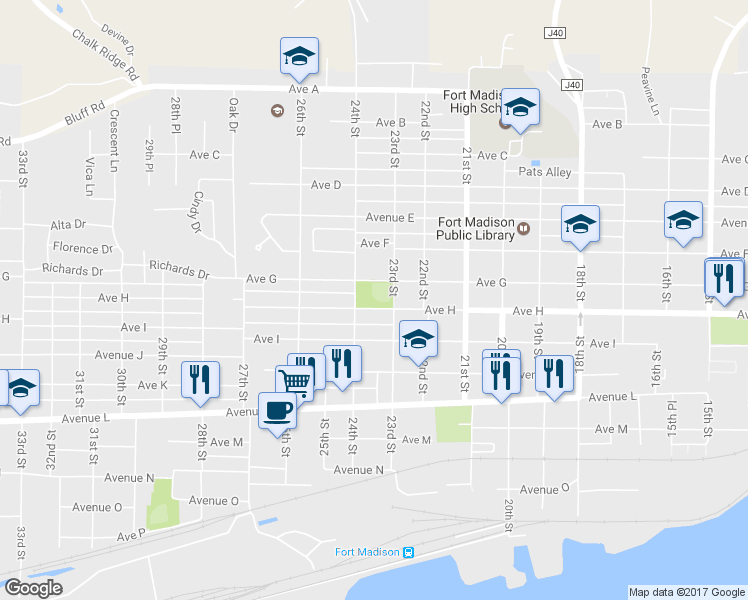 map of restaurants, bars, coffee shops, grocery stores, and more near 2399 Ave H in Fort Madison