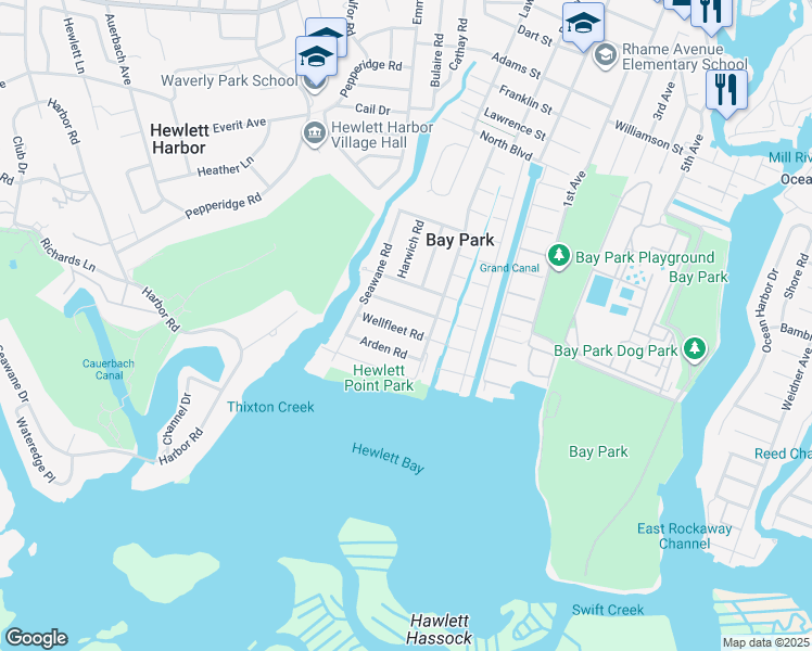 map of restaurants, bars, coffee shops, grocery stores, and more near 14 Wellfleet Road in East Rockaway