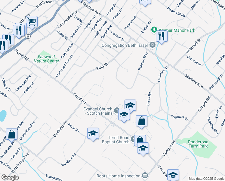 map of restaurants, bars, coffee shops, grocery stores, and more near 16 Shirewood Drive in Scotch Plains