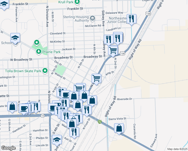 map of restaurants, bars, coffee shops, grocery stores, and more near 605 North 3rd Street in Sterling