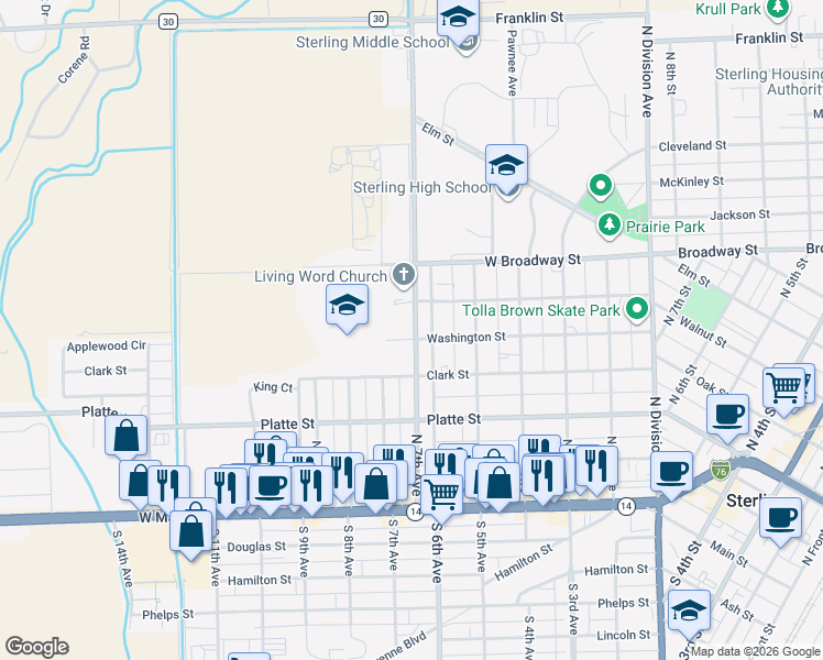 map of restaurants, bars, coffee shops, grocery stores, and more near in Sterling