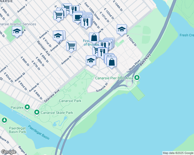 map of restaurants, bars, coffee shops, grocery stores, and more near 1771 East 93rd Street in Brooklyn