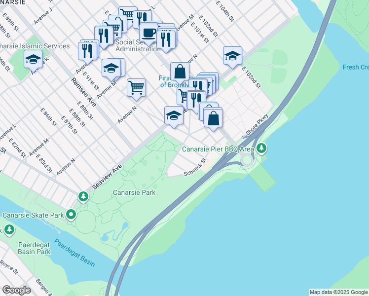 map of restaurants, bars, coffee shops, grocery stores, and more near 1771 East 93rd Street in Brooklyn
