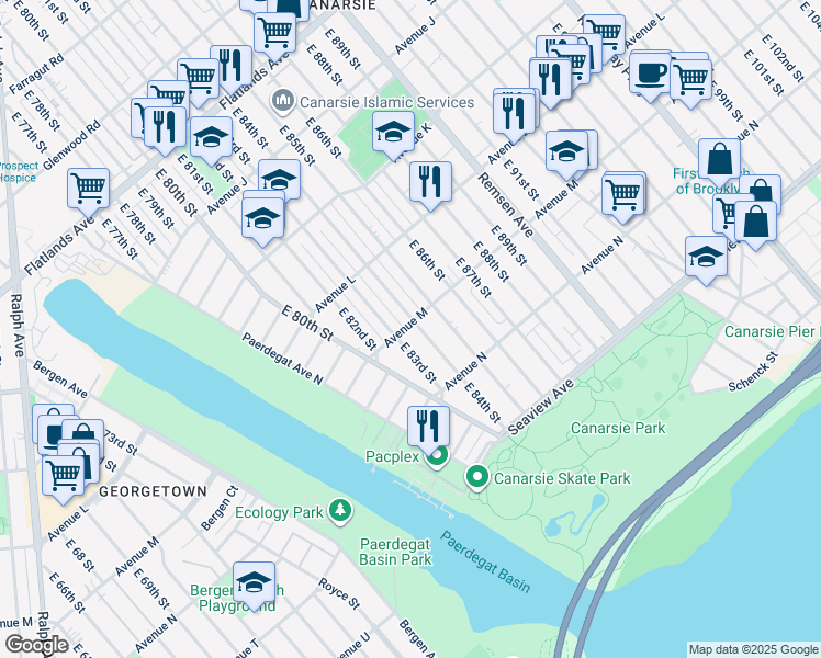 map of restaurants, bars, coffee shops, grocery stores, and more near 1301 East 83rd Street in Brooklyn