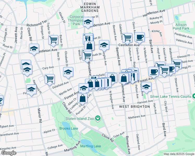 map of restaurants, bars, coffee shops, grocery stores, and more near 494 Delafield Avenue in Staten Island