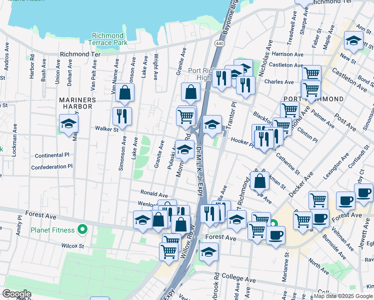 map of restaurants, bars, coffee shops, grocery stores, and more near 317 Morningstar Road in Staten Island