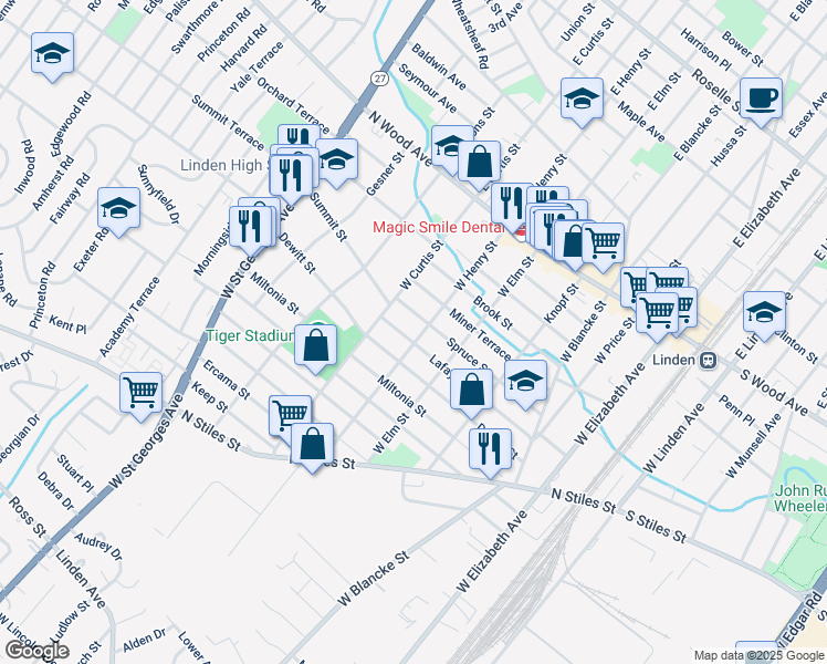 map of restaurants, bars, coffee shops, grocery stores, and more near 513 West Henry Street in Linden