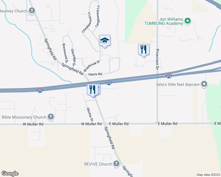 map of restaurants, bars, coffee shops, grocery stores, and more near 2811 Springfield Road in East Peoria