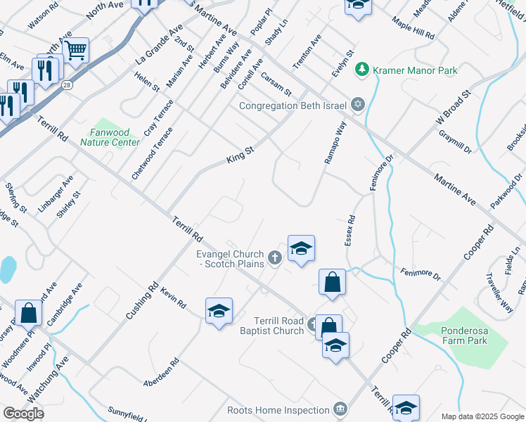 map of restaurants, bars, coffee shops, grocery stores, and more near 16 Shirewood Drive in Scotch Plains