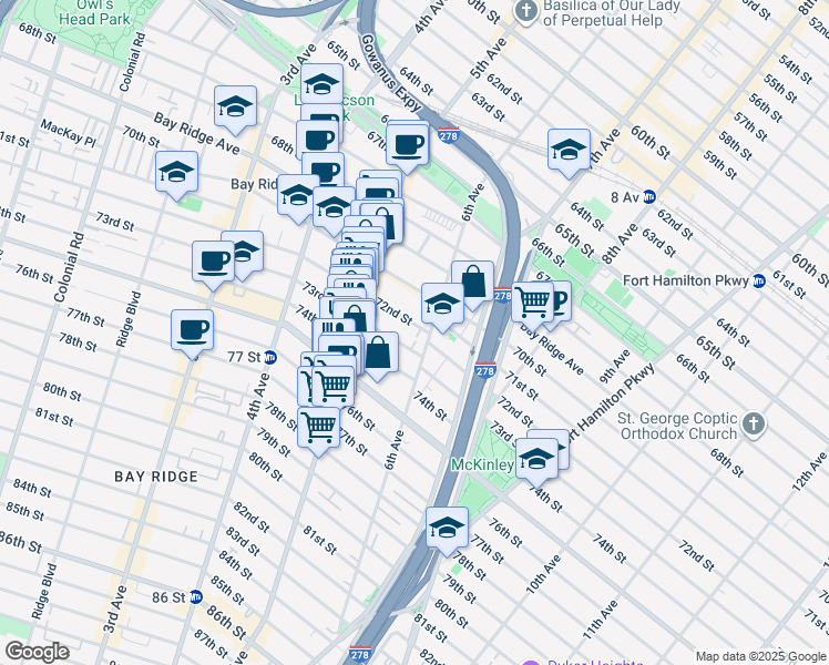 map of restaurants, bars, coffee shops, grocery stores, and more near 572 72nd Street in Brooklyn