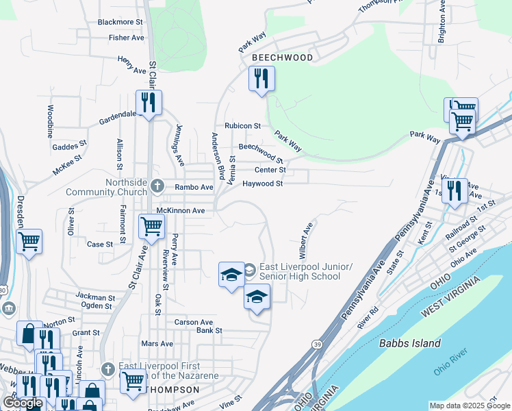 map of restaurants, bars, coffee shops, grocery stores, and more near 100 Maine Boulevard in East Liverpool