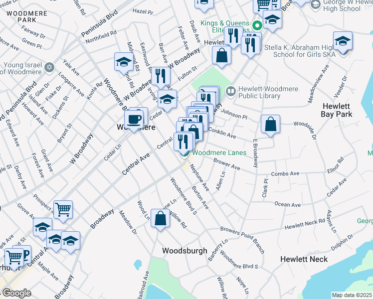map of restaurants, bars, coffee shops, grocery stores, and more near 964 Broadway in Woodmere