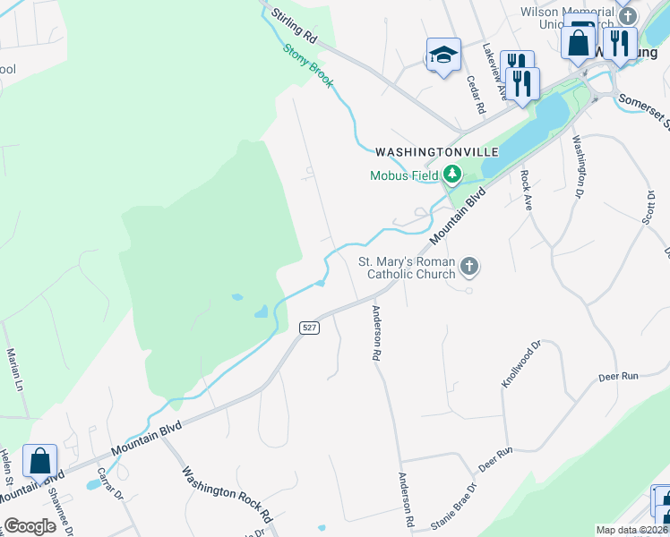 map of restaurants, bars, coffee shops, grocery stores, and more near 43 Sunlit Drive in Watchung