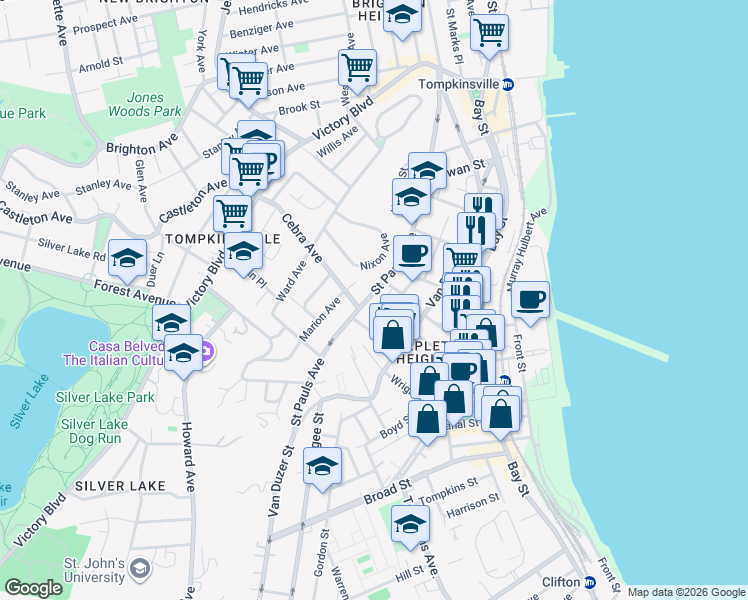 map of restaurants, bars, coffee shops, grocery stores, and more near 291 Saint Pauls Avenue in Staten Island