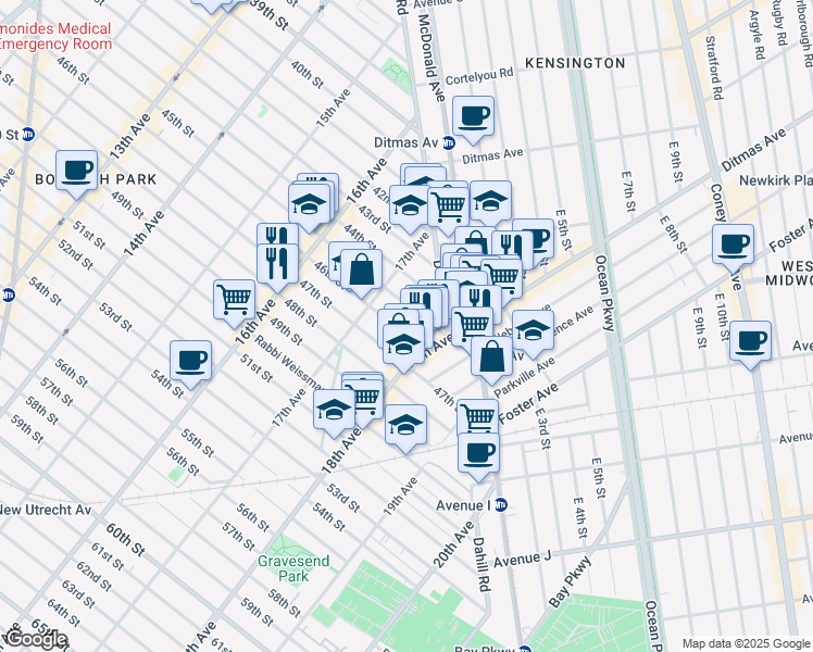 map of restaurants, bars, coffee shops, grocery stores, and more near 1751 46th St in Brooklyn