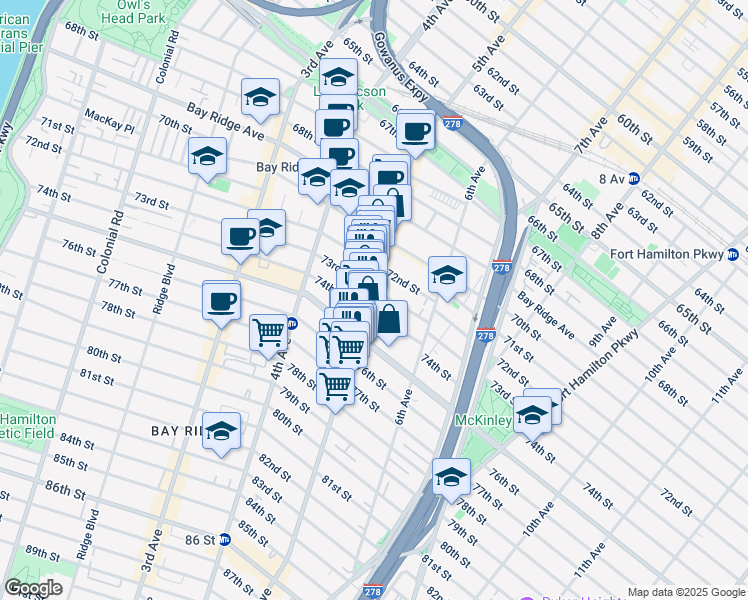 map of restaurants, bars, coffee shops, grocery stores, and more near 7309 5th Avenue in Brooklyn