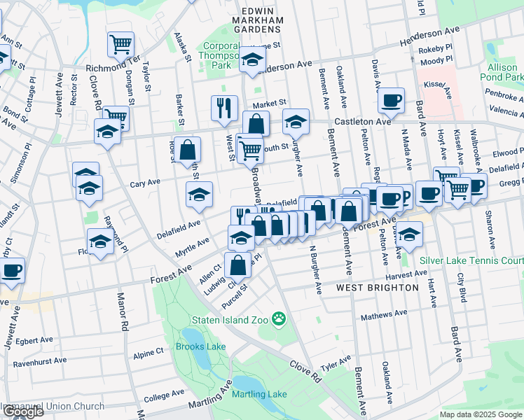 map of restaurants, bars, coffee shops, grocery stores, and more near 438 Broadway in Staten Island