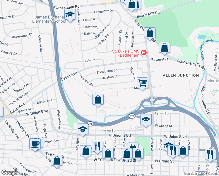 map of restaurants, bars, coffee shops, grocery stores, and more near 1345 Martin Court in Bethlehem