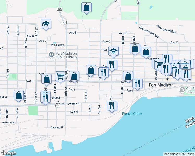map of restaurants, bars, coffee shops, grocery stores, and more near 744-798 15th Street in Fort Madison