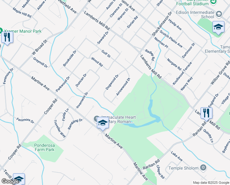 map of restaurants, bars, coffee shops, grocery stores, and more near 2037 Arrowwood Drive in Scotch Plains