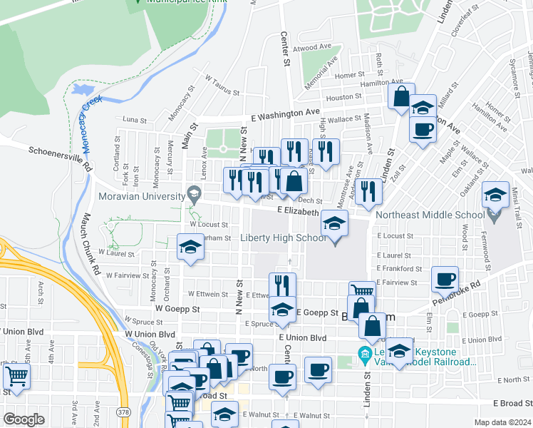 map of restaurants, bars, coffee shops, grocery stores, and more near 34 East Elizabeth Avenue in Bethlehem