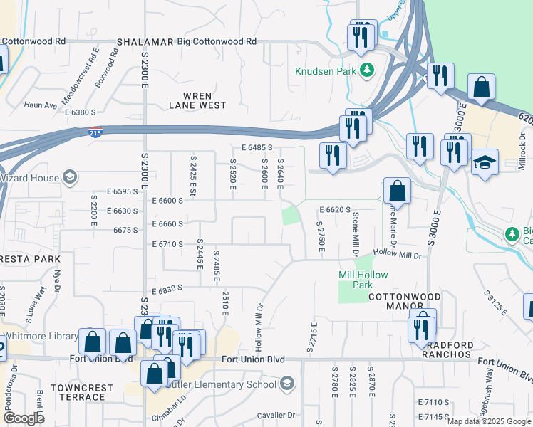 map of restaurants, bars, coffee shops, grocery stores, and more near 2603 East 6640 South in Cottonwood Heights