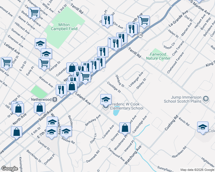 map of restaurants, bars, coffee shops, grocery stores, and more near 700-02 Coolidge Street in Plainfield