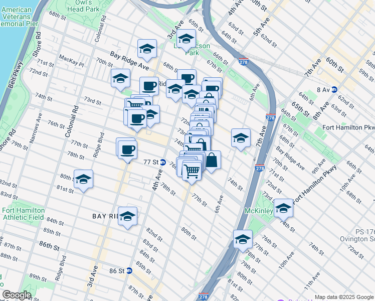 map of restaurants, bars, coffee shops, grocery stores, and more near 454 74th Street in Brooklyn
