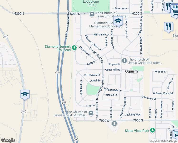 map of restaurants, bars, coffee shops, grocery stores, and more near 6283 Cedar Hill Road in West Jordan