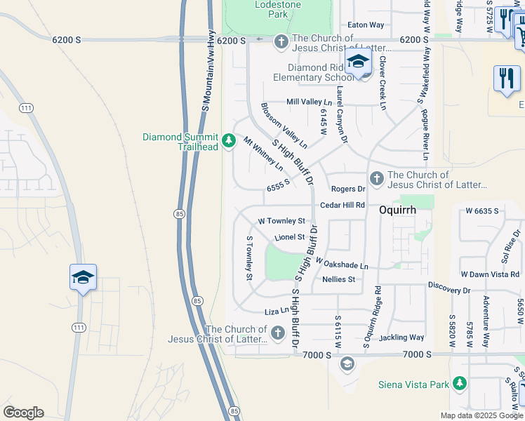 map of restaurants, bars, coffee shops, grocery stores, and more near 6283 Cedar Hill Road in West Jordan