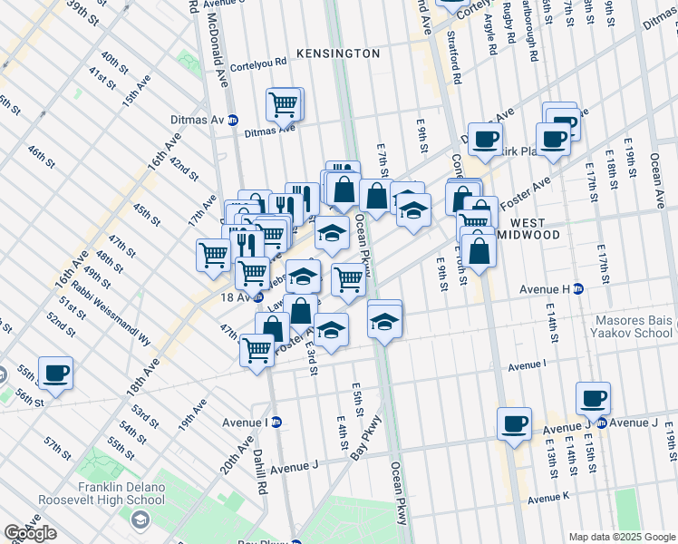 map of restaurants, bars, coffee shops, grocery stores, and more near 160 Lawrence Avenue in Brooklyn