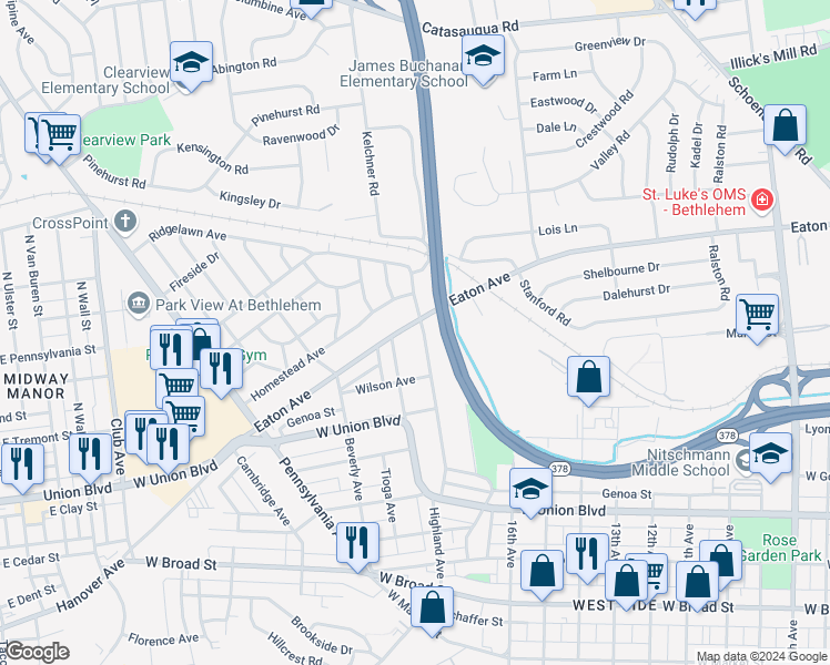 map of restaurants, bars, coffee shops, grocery stores, and more near 1149 Highland Avenue in Bethlehem