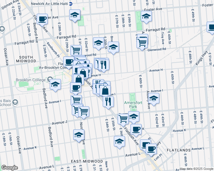 map of restaurants, bars, coffee shops, grocery stores, and more near 989 East 35th Street in Brooklyn