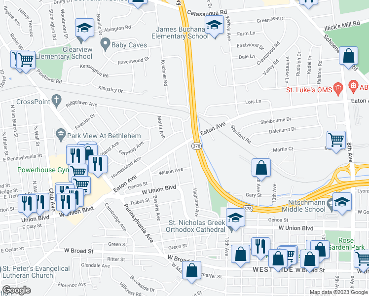 map of restaurants, bars, coffee shops, grocery stores, and more near 1149 Highland Avenue in Bethlehem