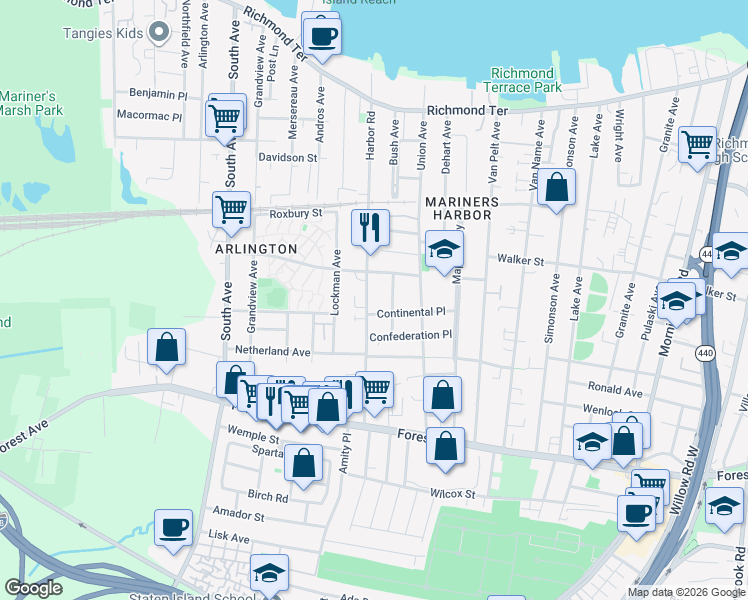 map of restaurants, bars, coffee shops, grocery stores, and more near 249 Harbor Road in Staten Island