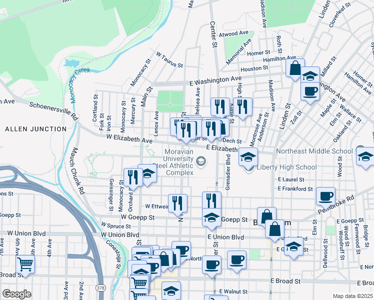 map of restaurants, bars, coffee shops, grocery stores, and more near 1214 North New Street in Bethlehem