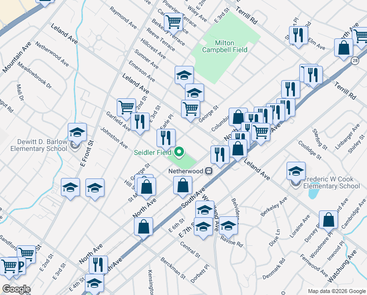 map of restaurants, bars, coffee shops, grocery stores, and more near 317 Netherwood Avenue in Plainfield