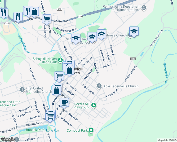map of restaurants, bars, coffee shops, grocery stores, and more near 314 East Union Street in Schuylkill Haven