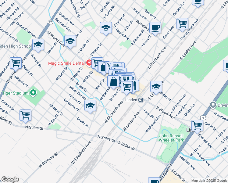 map of restaurants, bars, coffee shops, grocery stores, and more near 40 West Price Street in Linden