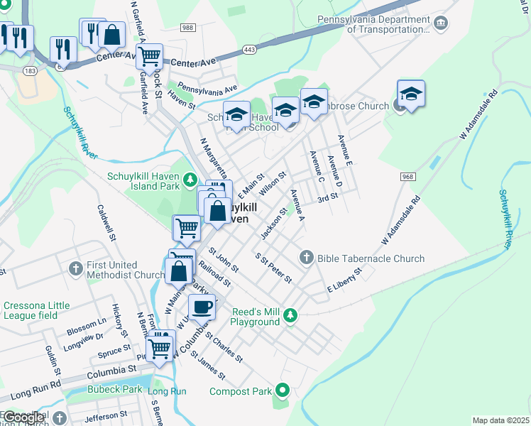 map of restaurants, bars, coffee shops, grocery stores, and more near 311 East Union Street in Schuylkill Haven