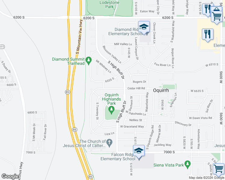 map of restaurants, bars, coffee shops, grocery stores, and more near 6263 Cedar Hill Road in West Jordan